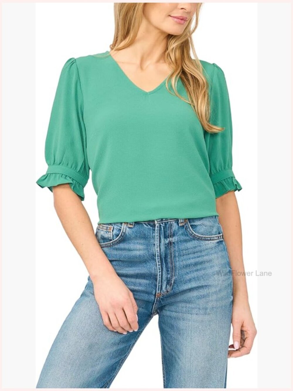 Womens V-Neck Elbow Sleeve Blouse with Ruffle Cuffs